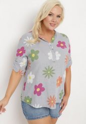 Szara Koszula z Lnu i Bawełny w Kwiaty z Krótkim Rękawem Ambubia. Szare koszule Born2be, plus size, bez wzorów, z bawełny, bez kołnierzyka, plus size, bez ramiączek. Za 79.99 zł.