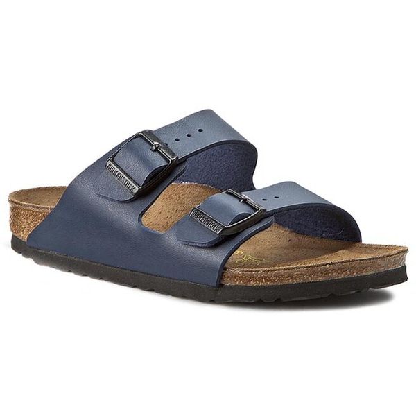 Klapki Birkenstock. Niebieskie klapki Birkenstock, bez wzorów, bez obcasa. Za 279.99 zł.