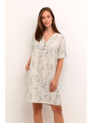 Kaffe Lniana sukienka w kolorze beżowym rozmiar: XS. Brązowe sukienki Kaffe, na co dzień, xs, bez wzorów, ze lnu, bez kołnierzyka, bez ramiączek, midi, proste. Za 165.99 zł.