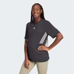Koszulka Maternity. Czarne bluzki Adidas, l, bez wzorów, sportowe, bez kołnierzyka, moda ciążowa, bez ramiączek. W wyprzedaży za 173.90 zł.