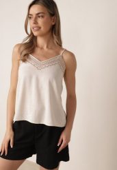 Beżowy Top z Wiskozą Lnem i Haftowanym Zdobieniem Ianale. Brązowe topy Born2be, l, z aplikacjami, z materiału, bez kołnierzyka, bez ramiączek. Za 69.99 zł.