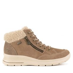 Botki Rieker. Brązowe botki Rieker, bez wzorów, bez obcasa, na płaskiej podeszwie, bez zapięcia. Za 279.99 zł.