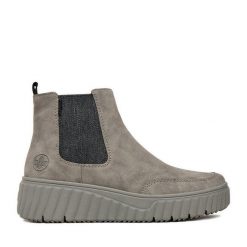 Botki Rieker. Szare botki Rieker, bez wzorów, bez obcasa, na płaskiej podeszwie, bez zapięcia. Za 369.99 zł.