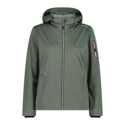 Damska kurtka turystyczna z kapturem CMP. Zielone kurtki sportowe CMP, bez wzorów, z softshellu, z kapturem, trekkingowe. Za 408.80 zł.