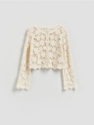 Crochetowy kardigan - kremowy. Białe kardigany Reserved, l, bez wzorów, z bawełny. Za 119.99 zł.