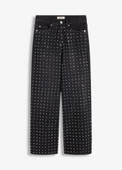 Jeansy z szerokimi nogawkami, mid waist, z aplikacją z kryształków. Czarne jeansy bonprix, z aplikacjami. Za 199.99 zł.
