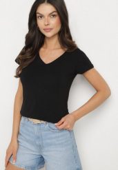 Czarny T-shirt z Bawełny o Prostym Kroju z Dekoltem w Serek Fevireena. Czarne t-shirty Born2be, l, bez wzorów, z bawełny, bez kołnierzyka, bez ramiączek. Za 39.99 zł.