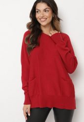 Bordowy Sweter z Wiskozą i Kieszeniami Everina. Czerwone swetry Born2be, bez wzorów, z jeansu, bez ramiączek. Za 64.99 zł.