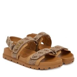 Sandały Guess. Brązowe sandały Guess, z aplikacjami, bez obcasa, na płaskiej podeszwie, bez zapięcia. Za 499.99 zł.