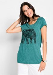 T-shirt bawełniany z nadrukiem z przodu, krótki rękaw. Niebieskie t-shirty bonprix, bez wzorów, z bawełny, bez kołnierzyka, bez ramiączek. Za 54.99 zł.