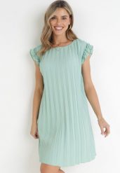 Jasnozielona Pudełkowa Sukienka Mini z Plisowanej Tkaniny z Wiskozy i Bawełny Ematisa. Zielone sukienki Born2be, na imprezę, l, bez wzorów, z bawełny, eleganckie, bez kołnierzyka, bez ramiączek, mini. Za 44.99 zł.