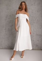 Biała Rozkloszowana Sukienka Koktajlowa VICES z Hiszpańskim Dekoltem Neamerianne. Białe sukienki Renee, l, bez wzorów, eleganckie, bez kołnierzyka, bez ramiączek, midi, kopertowe. Za 179.99 zł.