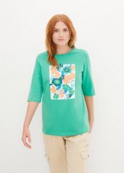T-shirt z nadrukiem, z bawełny organicznej. Niebieskie t-shirty bonprix, bez wzorów, z bawełny, bez kołnierzyka, bez ramiączek. Za 54.99 zł.