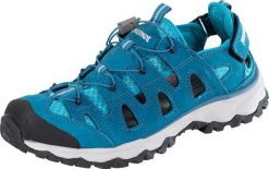 Sandały trekkingowe damskie Meindl Lipari Lady Comfort Fit. Niebieskie sandały Meindl, bez wzorów, z materiału, sportowe, z okrągłym noskiem, bez obcasa, na płaskiej podeszwie, bez zapięcia. Za 669.99 zł.