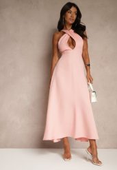 Różowa Koktajlowa Sukienka z Wiskozą i Dekoltem Halter Dolmanna. Czerwone sukienki Renee, l, bez wzorów, z wiskozy, eleganckie, bez kołnierzyka, bez ramiączek, maxi. Za 79.99 zł.