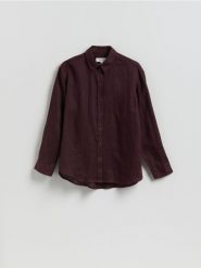 Lniana koszula - mahoniowy. Brązowe koszule Reserved, l, bez wzorów, z tkaniny, bez kołnierzyka, bez ramiączek. Za 179.99 zł.