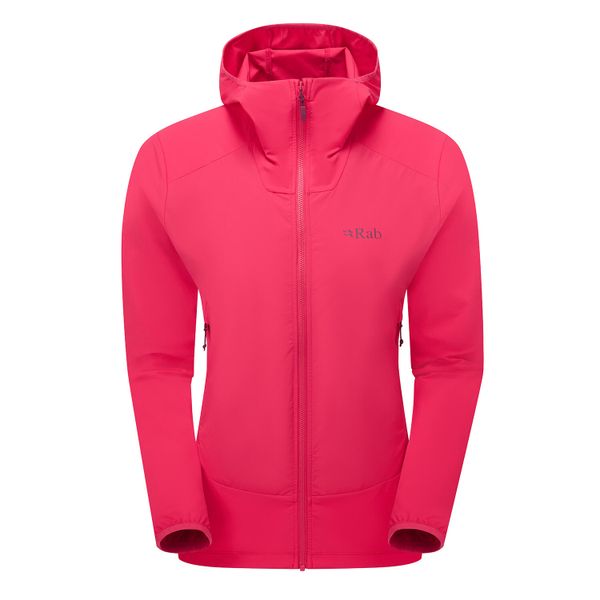 Kurtka softshellowa damska Rab Borealis Hoody z kapturem. Czerwone kurtki sportowe RAB, bez wzorów, z softshellu, z kapturem, trekkingowe. Za 399.65 zł.