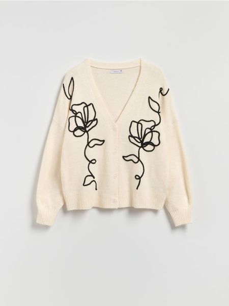Kardigan z haftem - kremowy. Białe kardigany Reserved, l, bez wzorów, z dzianiny. W wyprzedaży za 99.99 zł.