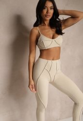 Beżowy Komplet Sportowy Zdobiony Przeszyciami Legginsy i Top Filaranea. Brązowe legginsy Renee, m, z aplikacjami, z jeansu, na fitness i siłownię. W wyprzedaży za 76.99 zł.