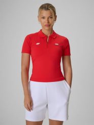 4F Koszulka kibica polo damska - czerwona M. Czerwone koszulki polo 4f, m, bez wzorów, z materiału, bez kołnierzyka, bez ramiączek. Za 99.99 zł.