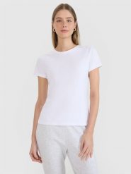 4F T-shirt slim z nadrukiem damski - biały L. Białe t-shirty 4f, l, bez wzorów, z bawełny, bez kołnierzyka, bez ramiączek. Za 49.99 zł.