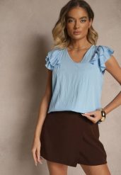 Niebieska Bluzka z Wiskozą i Falbankami Divama. Niebieskie bluzki Renee, bez wzorów, z wiskozy, eleganckie, bez kołnierzyka, bez ramiączek. W wyprzedaży za 45.49 zł.