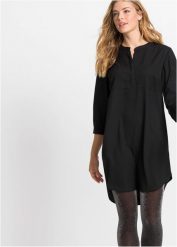 Sukienka koszulowa z krótką plisą guzikową. Czarne sukienki bonprix, na imprezę, bez wzorów, bez kołnierzyka, bez ramiączek, mini, koszulowe. Za 107.99 zł.