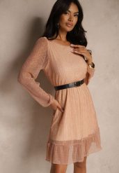 Szampańska Rozkloszowana Wiskozowa Sukienka z Metaliczną Nicią Melanissa. Żółte sukienki Renee, na co dzień, m, bez wzorów, z jeansu, eleganckie, bez kołnierzyka, bez ramiączek, mini, rozkloszowane. Za 119.99 zł.