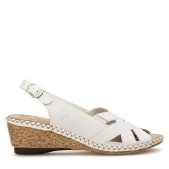 Sandały Rieker. Białe sandały Rieker, bez wzorów, bez obcasa, na koturnie, bez zapięcia. Za 259.99 zł.