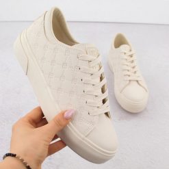 Trampki damskie eko skóra logowane beżowe Big Star RR274336. Brązowe trampki Big Star, bez wzorów, ze skóry ekologicznej, bez zapięcia. Za 94.50 zł.