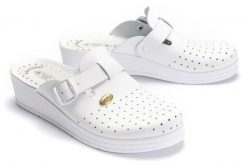SANITAL FLEX 708 white, klapki profilaktyczne damskie. Białe klapki Sanital-Flex, bez wzorów, ze skóry, bez obcasa. Za 119.90 zł.