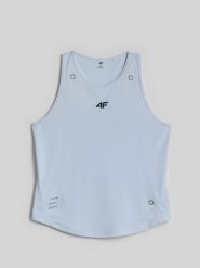 4F Top treningowy regular szybkoschnący damski - niebieski L. Niebieskie koszulki sportowe 4f, bez wzorów, bez ramiączek, na fitness i siłownię. Za 99.99 zł.