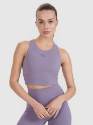 4F Crop top treningowy z wycięciem na plecach 4F x Anna Lewandowska - fioletowy XL. Fioletowe koszulki sportowe 4f, bez wzorów, z dzianiny, bez ramiączek, na fitness i siłownię. Za 99.99 zł.