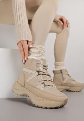 Ciemnobeżowe Śniegowce na Grubej Podeszwie z Geometrycznym Wzorem Alwedea. Brązowe trapery i śniegowce Born2be, z jeansu. Za 119.99 zł.