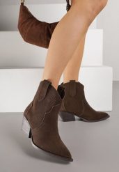 Ciemnobrązowe Botki Typu Kowbojki na Stożku ze Skóry Naturalnej Clearfeather. Brązowe botki Renee, bez wzorów, z jeansu, bez obcasa, na obcasie, bez zapięcia. Za 189.99 zł.