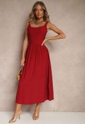 Bordowa Rozkloszowana Sukienka z Wiskozy Milunisa. Czerwone sukienki Renee, na co dzień, m, bez wzorów, z jeansu, eleganckie, bez kołnierzyka, bez ramiączek, maxi, rozkloszowane. Za 59.99 zł.