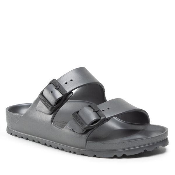 Klapki Birkenstock. Szare klapki Birkenstock, bez wzorów, bez obcasa. Za 239.99 zł.