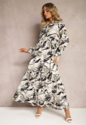 Biała Sukienka o Rozkloszowanym Fasonie w Abstrakcyjny Print Aganotha. Białe sukienki Renee, na spotkanie biznesowe, l, z aplikacjami, eleganckie, bez kołnierzyka, bez ramiączek, maxi, rozkloszowane. Za 119.99 zł.