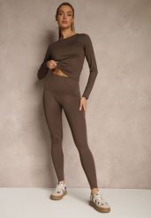 Brązowy Komplet Sportowy Legginsy i Top Typu Longsleeve Dorotia. Brązowe legginsy Renee, m, bez wzorów, długie. Za 109.99 zł.