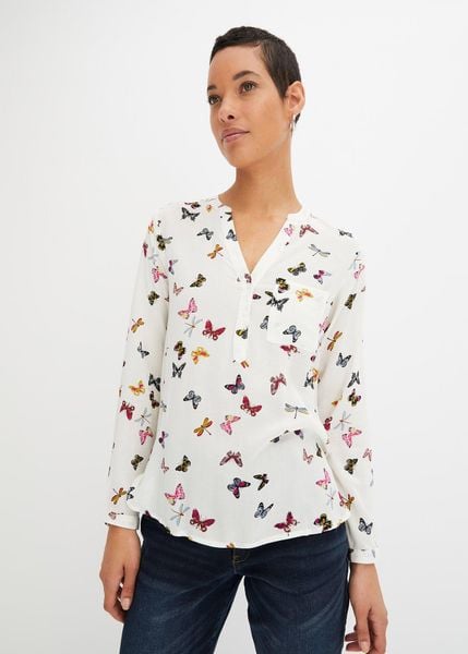 Bluzka z lejącej wiskozy. Białe bluzki bonprix, bez wzorów, z wiskozy, eleganckie, bez kołnierzyka, bez ramiączek. Za 99.99 zł.