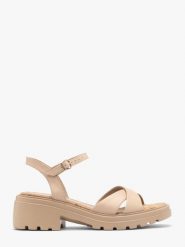 Beżowe sandały damskie DONNA. Brązowe sandały RKO, bez wzorów, z materiału, eleganckie, z okrągłym noskiem, bez obcasa, na platformie, bez zapięcia. Za 329.99 zł.