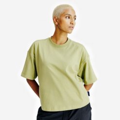Koszulka Crop damska. Brązowe koszulki sportowe DECATHLON, bez wzorów, z bawełny, bez ramiączek. Za 54.99 zł.