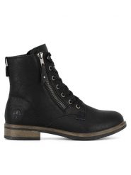 Rieker Botki 72221-00 Czarny. Czarne botki Rieker, bez wzorów, z materiału, bez obcasa, na płaskiej podeszwie, bez zapięcia. Za 369.99 zł.