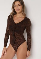 Brązowe Koronkowe Body z Falbanką Vidane. Brązowe body Born2be, s, z aplikacjami, z jeansu. Za 99.99 zł.
