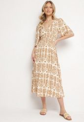 Ciemnobeżowa Sukienka Wiskozowa Rozkloszowana z Odkrytymi Plecami w Print Boho Turaisa. Brązowe sukienki Born2be, na co dzień, l, bez wzorów, z wiskozy, boho, bez kołnierzyka, bez ramiączek, midi, proste. Za 69.99 zł.