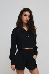 Krótka koszula z muślinu w kolorze CZARNYM - PORTELA-S/M. Czarne koszule Marsala, m, bez wzorów, z bawełny, eleganckie, bez kołnierzyka, bez ramiączek. Za 169.90 zł.