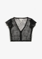 Bluzka w ludowym stylu. Czarne bluzki bonprix, bez wzorów, z tiulu, bez kołnierzyka, bez ramiączek. Za 117.99 zł.