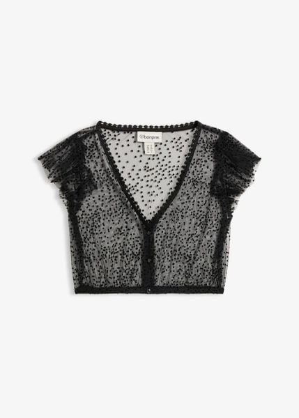 Bluzka w ludowym stylu. Czarne bluzki bonprix, bez wzorów, z tiulu, bez kołnierzyka, bez ramiączek. Za 117.99 zł.