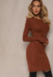 Brązowa Mini Sukienka z Dzianinowego Materiału o Prążkowanej Fakturze i Dopasowanym Kroju Theresia. Brązowe sukienki Renee, bez wzorów, z bawełny, bez kołnierzyka, bez ramiączek, mini, dopasowane. Za 79.99 zł.