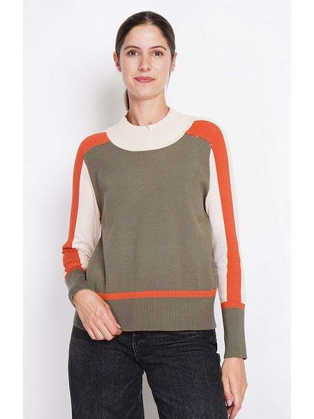 ASSUILI Sweter w kolorze oliwkowo-biało-pomarańczowym rozmiar: 40. Brązowe swetry Assuili, bez wzorów, bez ramiączek. Za 117.45 zł.